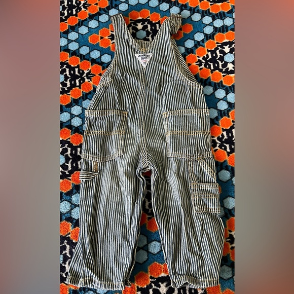 OshKosh B’Gosh Baby Boy Khaki Cargo Denim Stripe Overalls - Picture 2 of 3